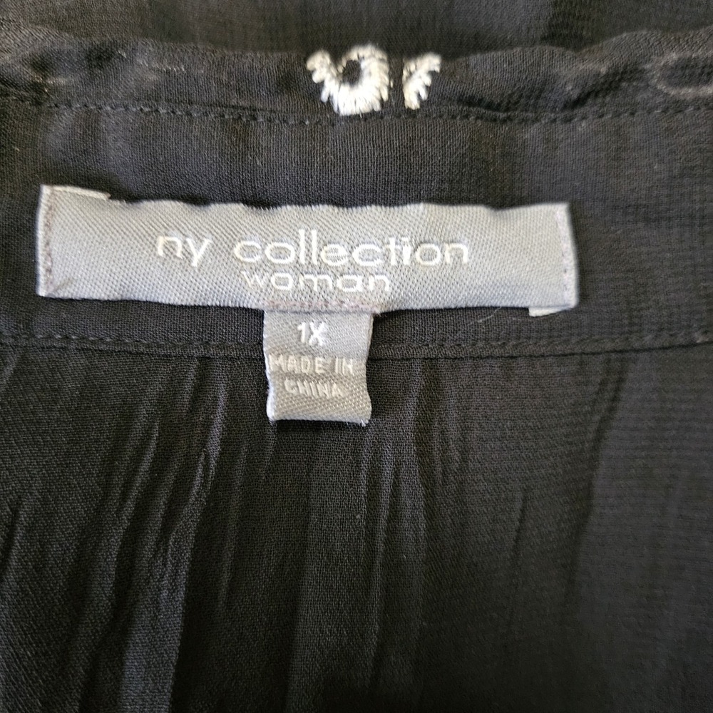 NY Collection Black Ruffle Sheer Blouse with White Embroidery - Picture 7 of 8